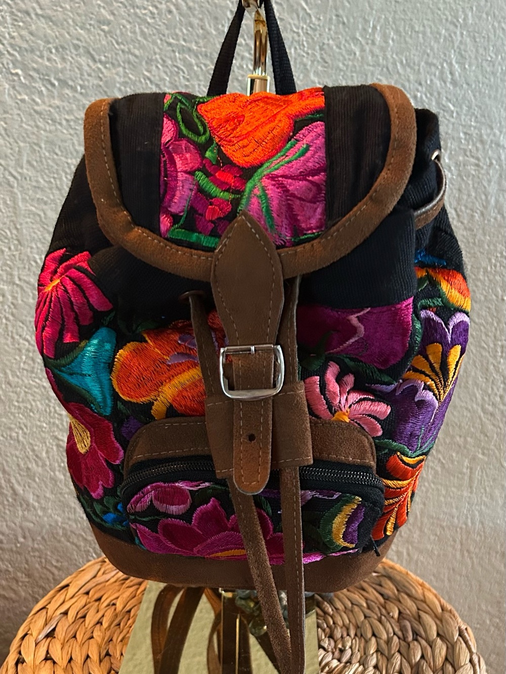 Vintage Boho Mexican Floral Embroidered Black Canvas Backpack Rucksack Bag